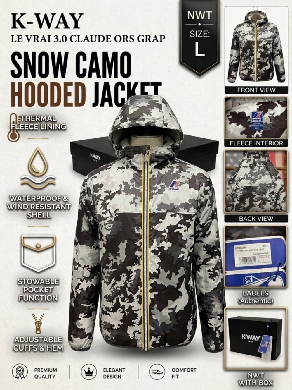 NWT K-Way Le Vrai 3.0 Claude Snow Camo Windbreaker Jacket Men's Size L